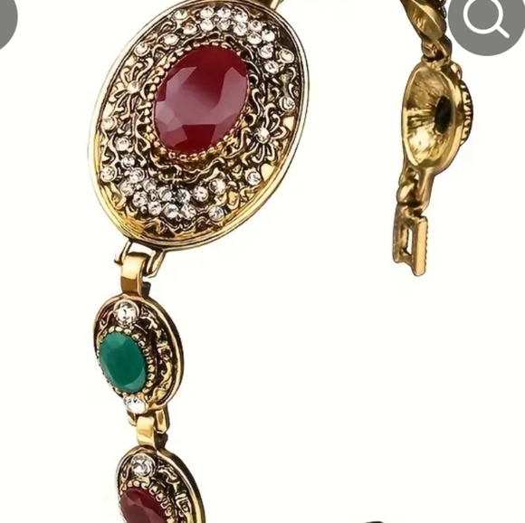 Elegant Gold Bracelet with Red and Green Accents - Picture 2 of 2